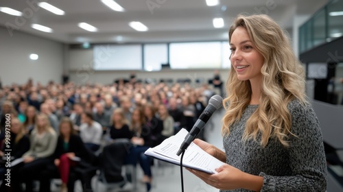 The image captures a female orator passionately addressing a large crowd, her expression demonstrating determination and eloquence in a formal speaking engagement.