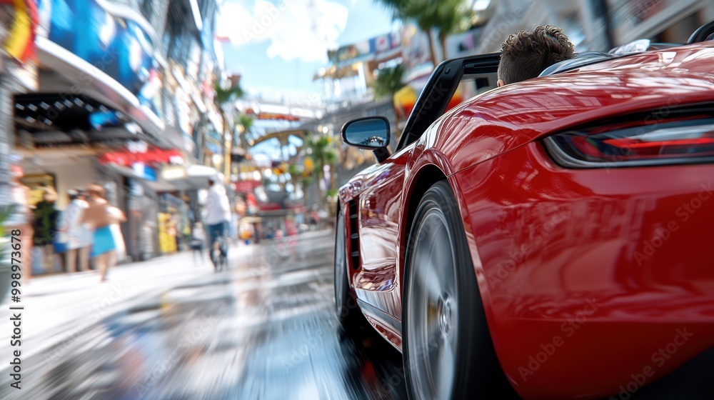 A red sports car being driven through a brightly lit urban environment with the driver visible, passing by buildings and people, capturing the motion and city essence. A red sports car being driven through a brightly lit urban environment with the driver visible, passing by buildings and people, capturing the motion and city essence.