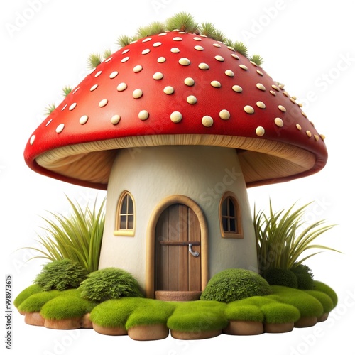 Fairytale magic house with red roof made of fly agaric isolated on white background photo