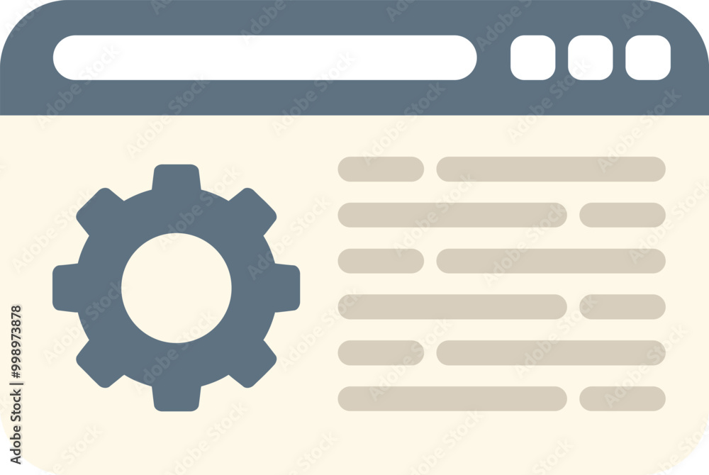 Simple flat vector illustration of a web page being developed with a cogwheel icon Simple flat vector illustration of a web page being developed with a cogwheel icon