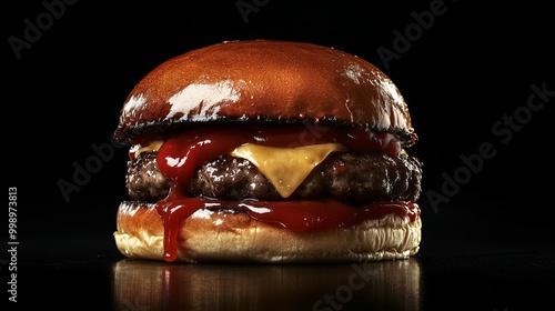 A simple picture of a juicy burger with ketchup. The burger is shown as a dark shape, but you can still see the layers of meat, cheese, and bun. photo