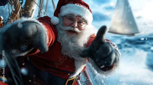 Santa Claus, dressed in red, standing on a ship in the ocean, giving a thumbs-up gesture, as he demonstrates holiday cheer and adventure in a winter maritime setting. photo