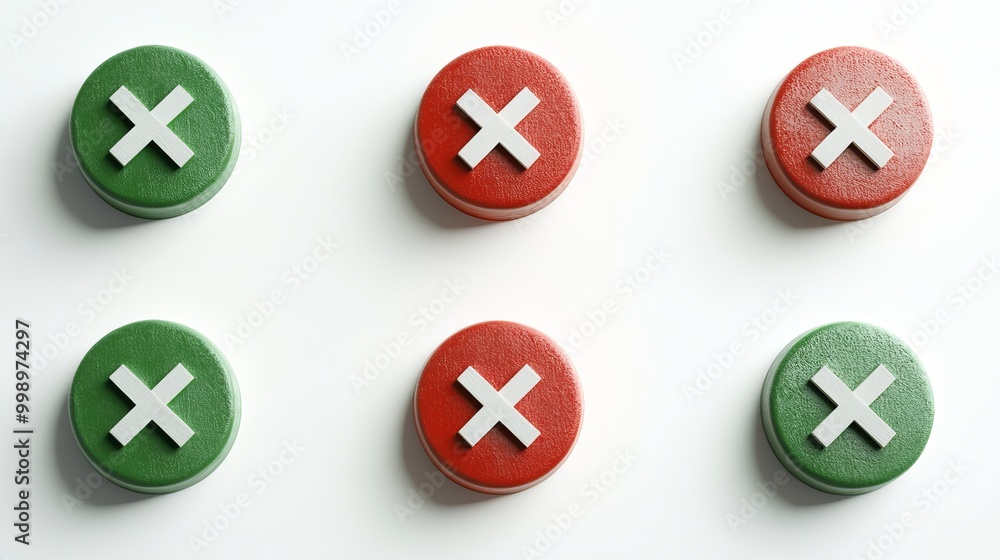 Green checkmark and red cross symbols on a white background. These icons represent correct and incorrect choices. They are designed in a simple and modern style. Green checkmark and red cross symbols on a white background. These icons represent correct and incorrect choices. They are designed in a simple and modern style.