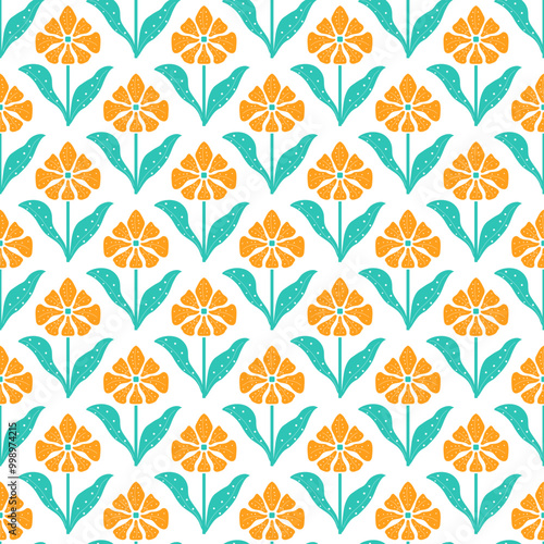 Retro diamond floral pattern. Seamless geometric vector tiled repeat. Bright green and vintage orange on  a vintage White background . Fabric, wallpaper, cover design, decor, textile