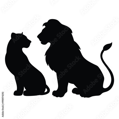 a black silhouette of two lions sitting side by side. The lion on the left is sitting with its head turned to the side 