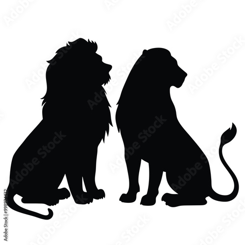 a black silhouette of two lions sitting side by side. The lion on the left is sitting with its head turned to the side 