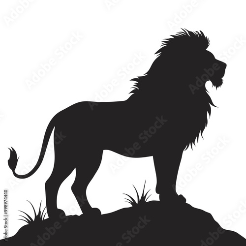 a lion standing on a rock. The lion is facing towards the right side of the image