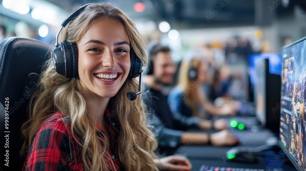 A woman actively involved in a professional gaming session, with teammates blurred in the background, captures the collaborative and intense environment of competitive e-sports. A woman actively involved in a professional gaming session, with teammates blurred in the background, captures the collaborative and intense environment of competitive e-sports.