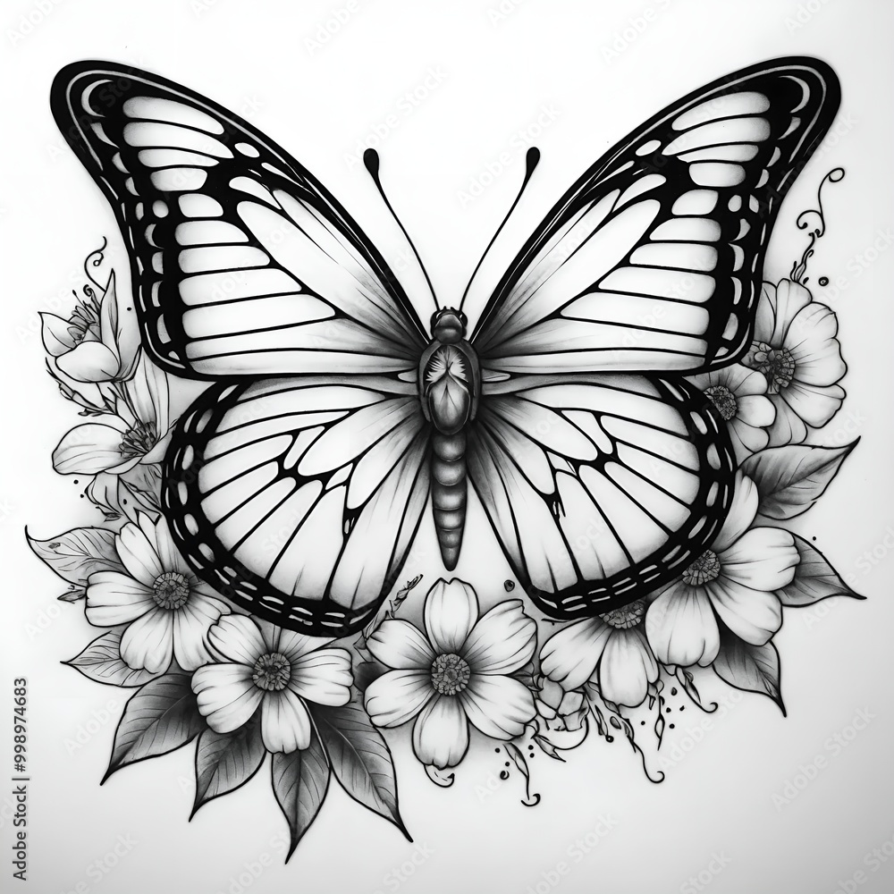 Black and white tattoo design of a butterfly surrounded by flowers Black and white tattoo design of a butterfly surrounded by flowers