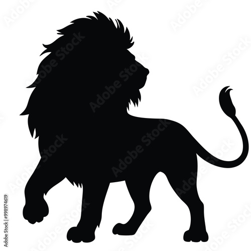 The image is a black silhouette of a lion. The lion is standing on all fours with its body facing towards the right side 