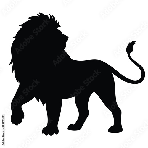 The image is a black silhouette of a lion. The lion is standing on all fours with its body facing towards the right side 