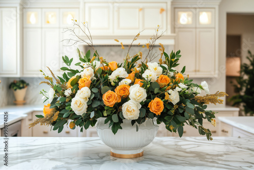 Beautiful bouquet of delicate white and yellow roses in a round vase on the table