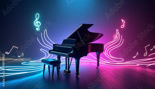 Um piano de cauda em um palco iluminado por luzes de neon azul e rosa, cercado por notas musicais flutuantes.

 photo