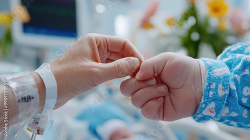 An emotional moment in a hospital, with an adult hand gently holding a newborn baby's hand, symbolizing care, love, and the delicate bond between parent and child.