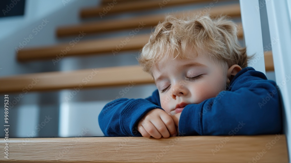 A young child peacefully sleeps on wooden staircase steps, embodying innocence and serenity in a cozy, warm interior setting that suggests safety and comfort. A young child peacefully sleeps on wooden staircase steps, embodying innocence and serenity in a cozy, warm interior setting that suggests safety and comfort.