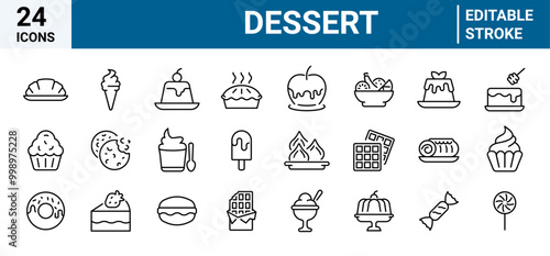 Set of 24 outline icons related to Dessert. Linear icon collection. Editable stroke. Vector illustration