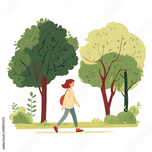 Woman Walking in Forest Park, Nature Walk Flat Colr Vector Illustration for Outdoor Leisure, Cutout, Isolated on Transparent PNG/White Background. photo