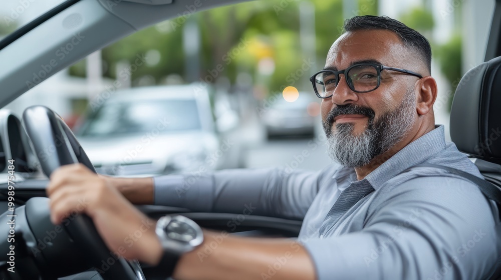Image showcases a man driving a car through a busy city street during daylight, emphasizing modern urban life and the daily commute experience. Image showcases a man driving a car through a busy city street during daylight, emphasizing modern urban life and the daily commute experience.