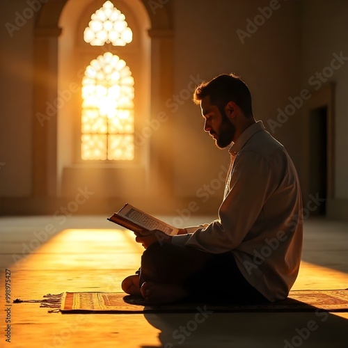 Spiritual Reflection in a Mosque, a man reading a quran in mousque photo