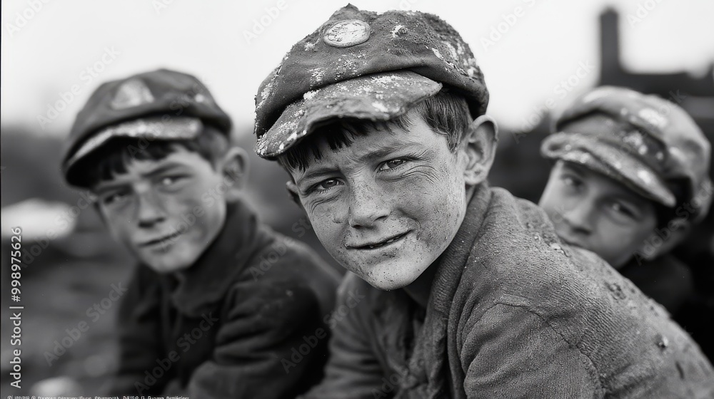 Fototapeta premium Three young boys with soot-covered faces huddle close for warmth, their eyes distant yet hopeful, under somber gray skies in a grayscale tone.
