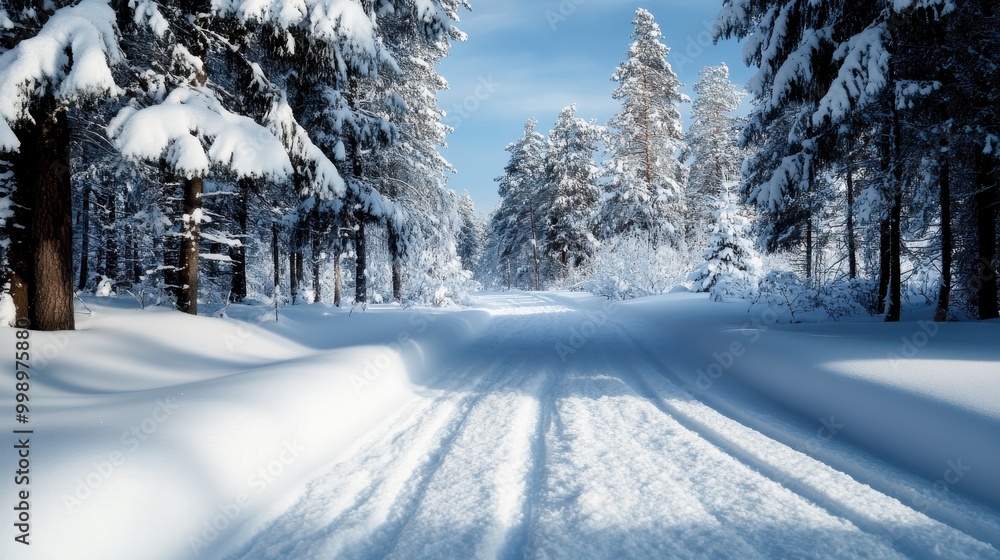 A snow-covered path winds through a forest on a clear winter day. The trees are covered in snow, and the blue sky contrasts beautifully with the white landscape. A snow-covered path winds through a forest on a clear winter day. The trees are covered in snow, and the blue sky contrasts beautifully with the white landscape.