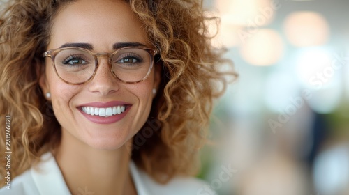 A young woman with curly hair and glasses beams a bright smile within a modern office setting, embodying a sense of joy, confidence, and professional spirit.