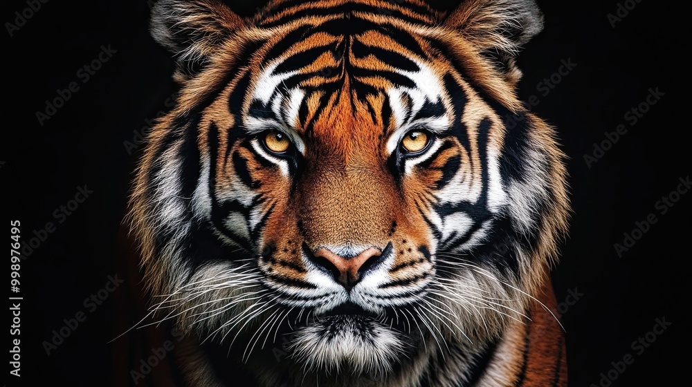 A close-up of a tiger's face looking into the camera. An animal in its natural habitat. A wild striped cat. Illustration for cover, interior design, banner, brochure. A close-up of a tiger's face looking into the camera. An animal in its natural habitat. A wild striped cat. Illustration for cover, interior design, banner, brochure.