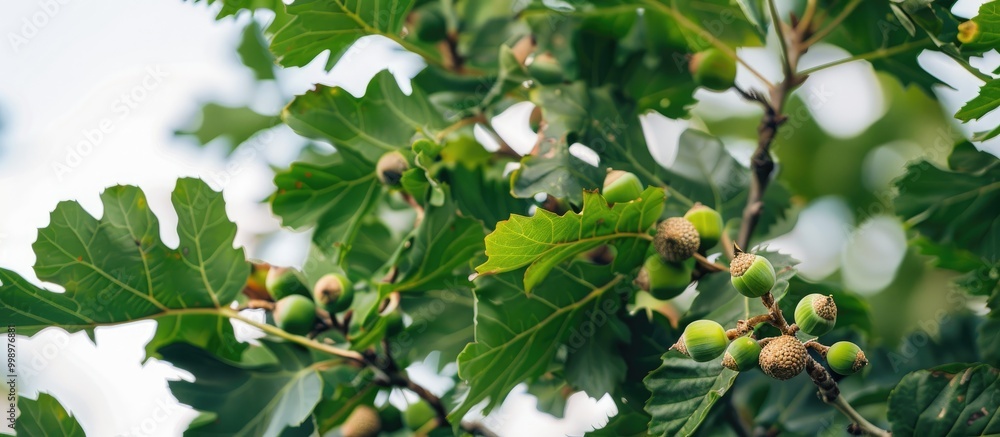 Fototapeta premium Green Branches Of The Oak Tree With Tiny Young Acorns Against The White Sky Background