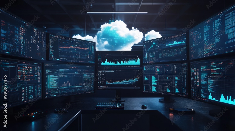 A modern server room with multiple monitors displaying data and a cloud symbol above. A modern server room with multiple monitors displaying data and a cloud symbol above.