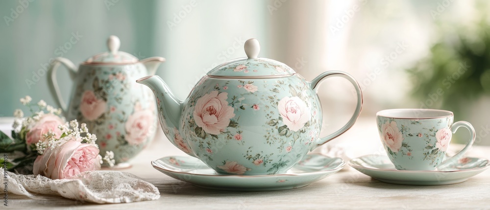 Fototapeta premium Charming Pastel Floral Tea Set