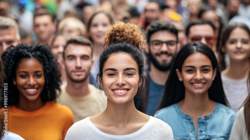 Crowded Urban Street Scene Showcasing Diverse Faces of Various Age Groups and Ethnicities, Representing Demographic Diversity and Multiculturalism with Ample Copy Space