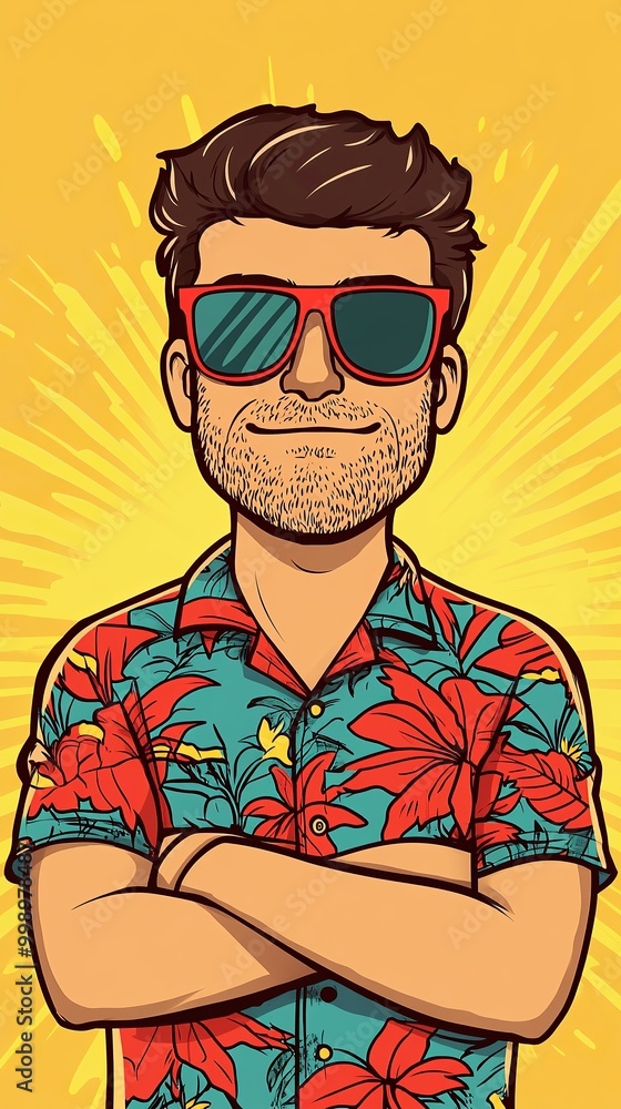 A relaxed surfer dude flashes a cool smile in stylish Hawaiian clothing radiating sunny vibes A relaxed surfer dude flashes a cool smile in stylish Hawaiian clothing radiating sunny vibes