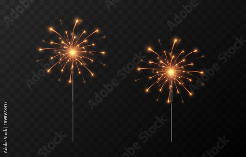 Vector realistic sparkler png. Bengal lights on isolated transparent background. Sparks, fireworks, Christmas light.