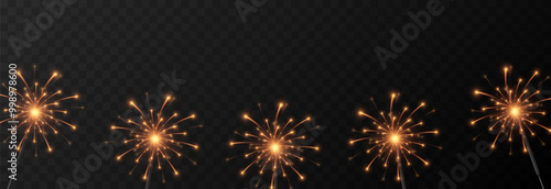 Vector realistic sparkler png. Bengal lights on isolated transparent background. Sparks, fireworks, Christmas light.