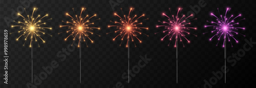Vector realistic sparkler png. Multicolored sparklers on isolated transparent background. Sparks, fireworks, Christmas light.