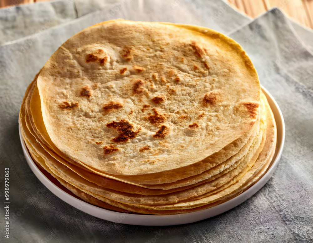 Fresh, empty wheat tortilla in a pile. Flat lay top view on table with dishcloth. table Fresh, empty wheat tortilla in a pile. Flat lay top view on table with dishcloth. table