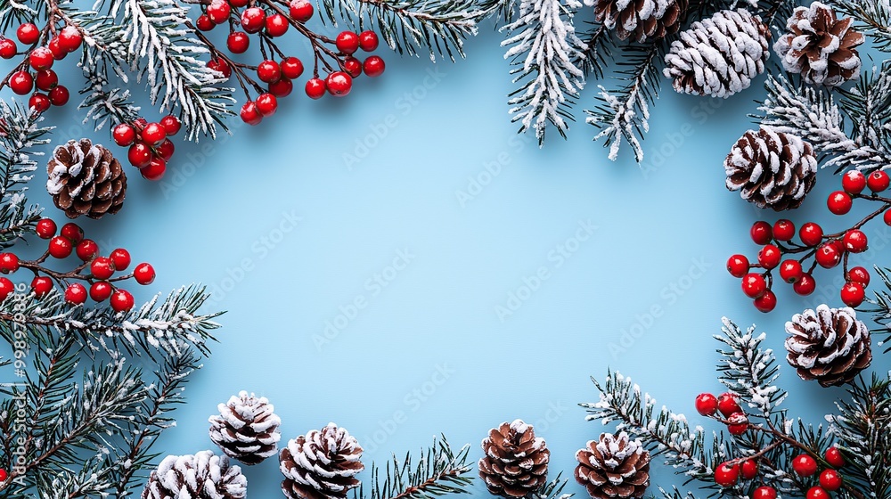 Festive Christmas border with pine branches, pine cones, and red berries on a blue background. Festive Christmas border with pine branches, pine cones, and red berries on a blue background.