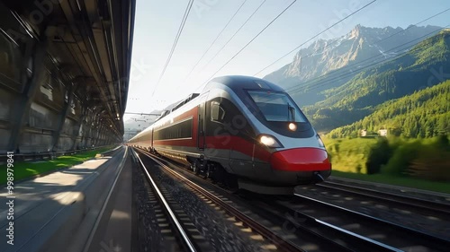 Modern leaving the railway station, camera following him, front view

