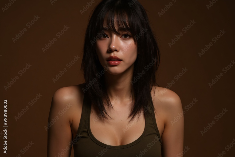 Glamorous young Asian woman with luminous skin and enchanting eyes on brown background, Skincare beauty, aesthetic wellness, youthful allure Glamorous young Asian woman with luminous skin and enchanting eyes on brown background, Skincare beauty, aesthetic wellness, youthful allure