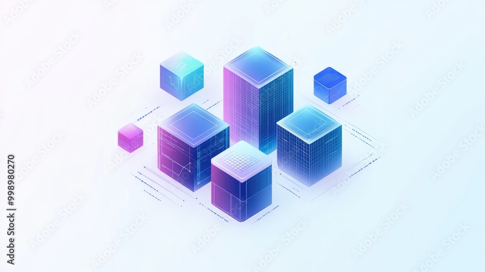 Abstract illustration of a network of glowing neon cubes on a white background. Abstract illustration of a network of glowing neon cubes on a white background.