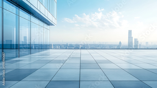 Panoramic skyline overlooking cityscape from modern building rooftop terrace