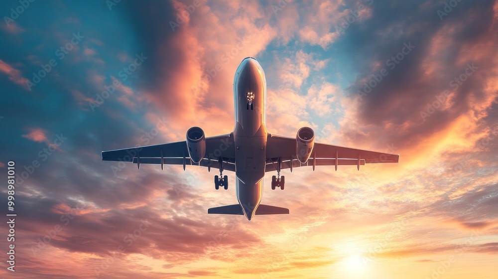 An aircraft ascends against a backdrop of colorful clouds during a beautiful sunset at an airport An aircraft ascends against a backdrop of colorful clouds during a beautiful sunset at an airport