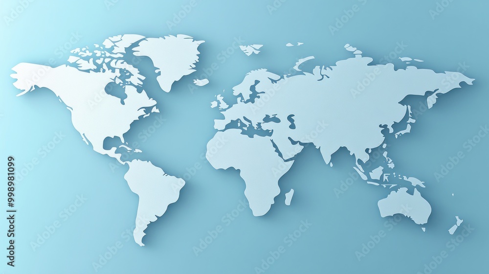 A minimalist world map showcasing continents on a soft blue background, highlighting geographical features A minimalist world map showcasing continents on a soft blue background, highlighting geographical features