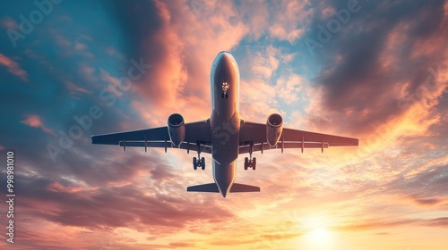 An aircraft ascends against a backdrop of colorful clouds during a beautiful sunset at an airport