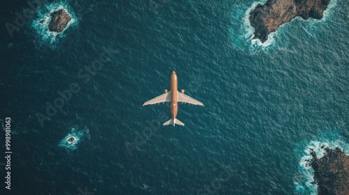 An airplane soars above deep blue waters, passing by rocky islands bathed in sunlight during midday