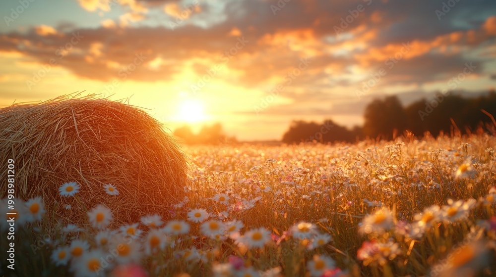 The sun sets behind a field filled with daisies and a hay bale, casting a warm glow across the landscape The sun sets behind a field filled with daisies and a hay bale, casting a warm glow across the landscape