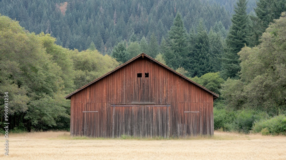 Obraz premium A weathered barn is set against a backdrop of thick green forests in a tranquil countryside setting