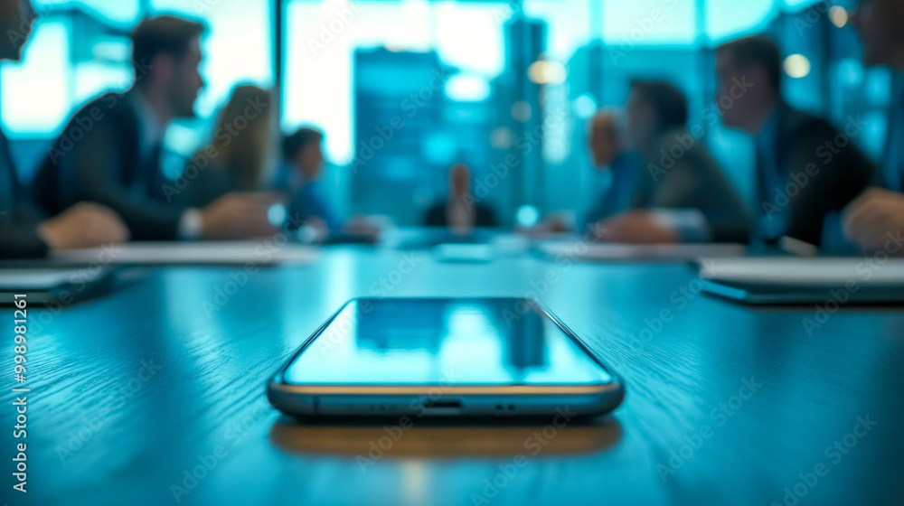 Smartphone lying on conference table during business meeting Smartphone lying on conference table during business meeting