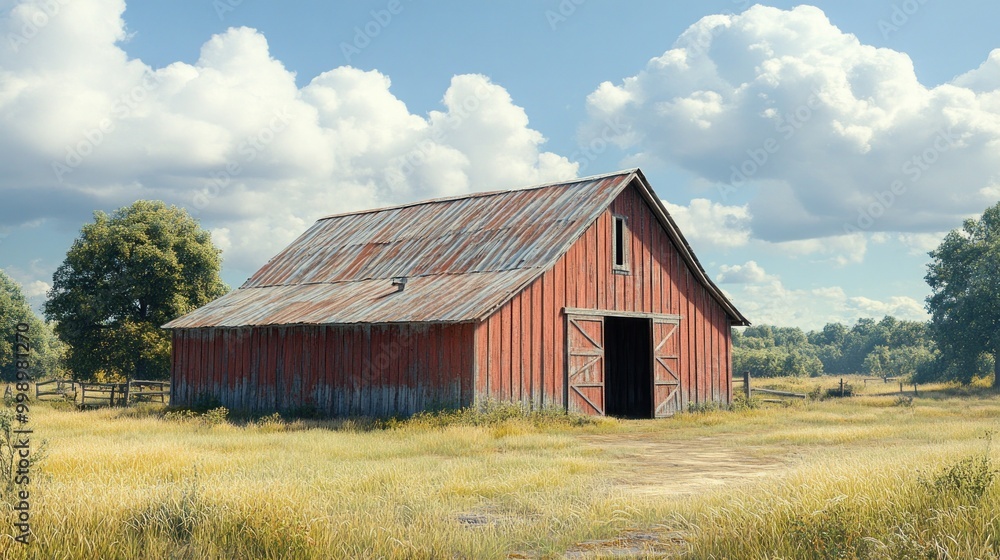 A red barn stands surrounded by tall grass and trees, set under a blue sky with white clouds on a sunny day A red barn stands surrounded by tall grass and trees, set under a blue sky with white clouds on a sunny day