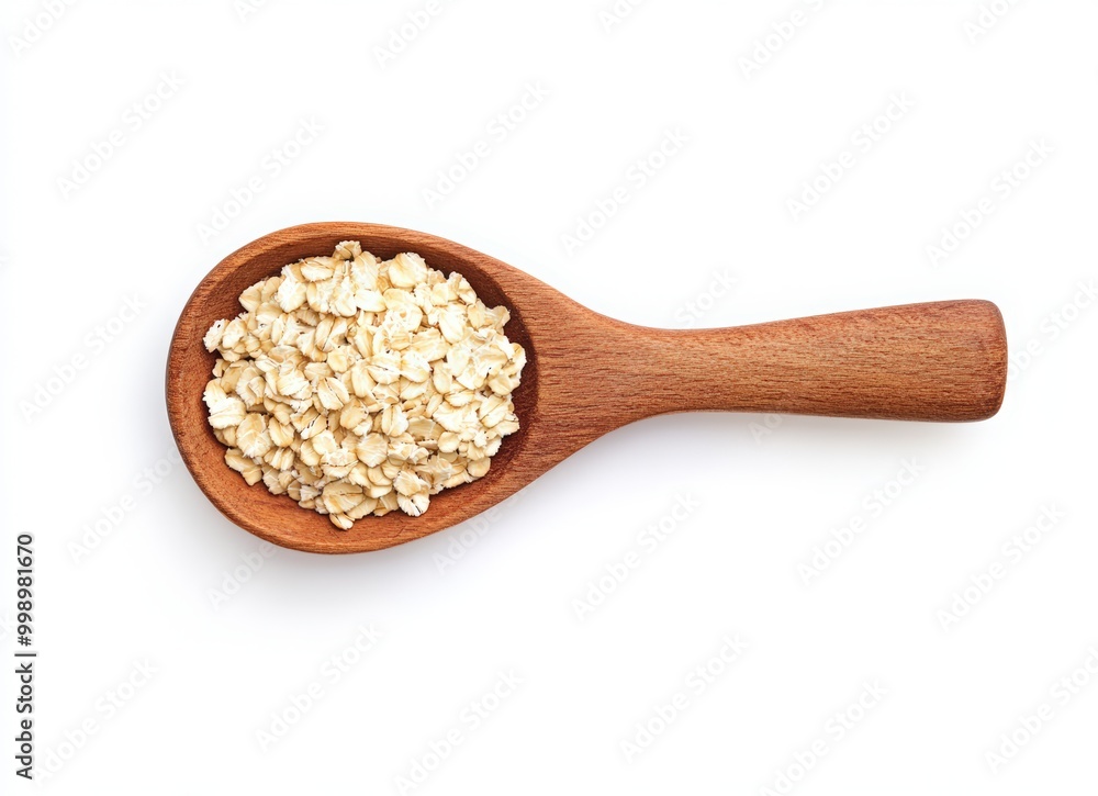 Wooden spoon with a dry breakfast of rolled oats on a white background. National oatmeal day Wooden spoon with a dry breakfast of rolled oats on a white background. National oatmeal day